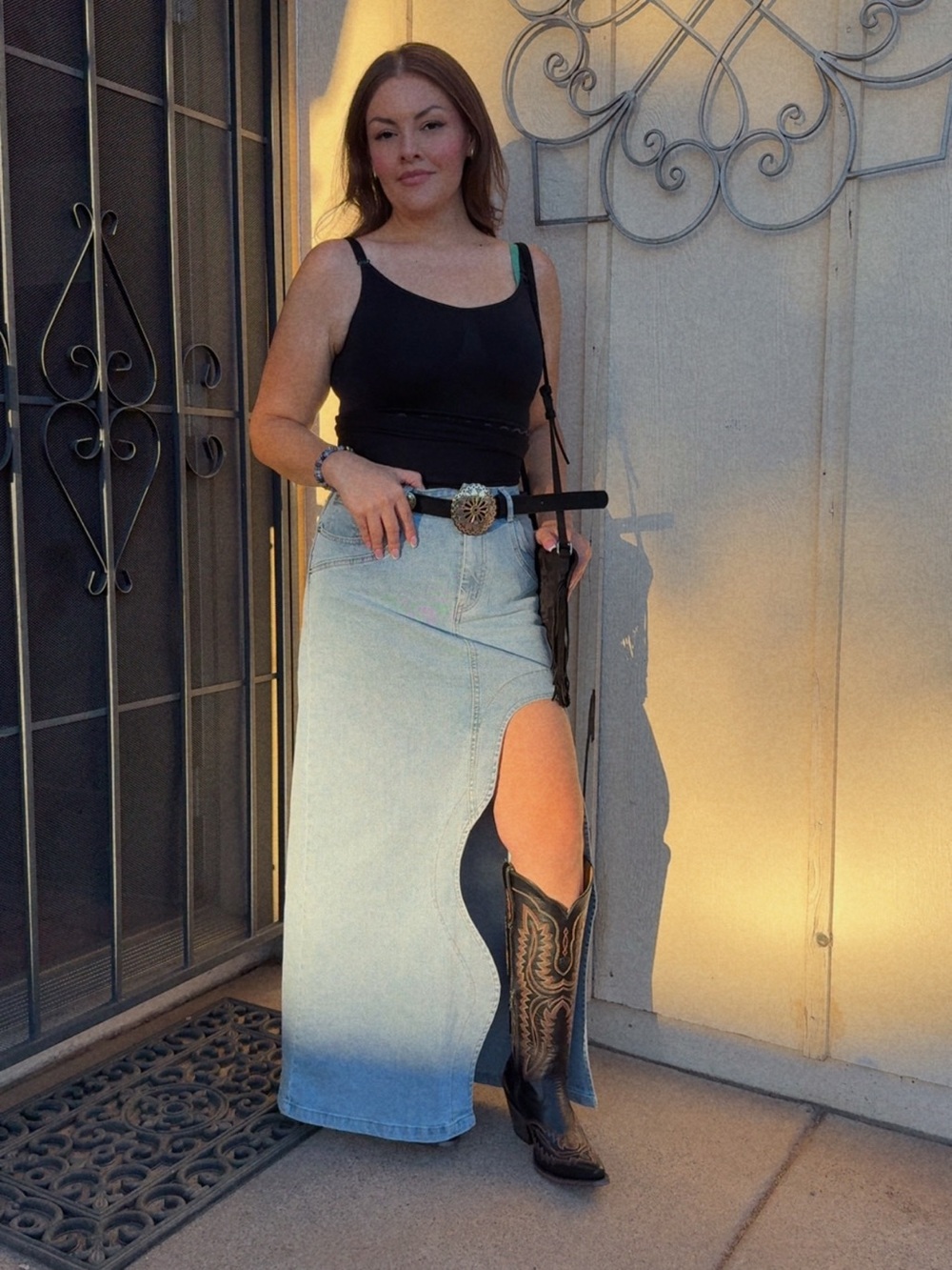 Cowgirl Light Blue Denim Maxi Skirt with Front Slit - Picture 2 of 11